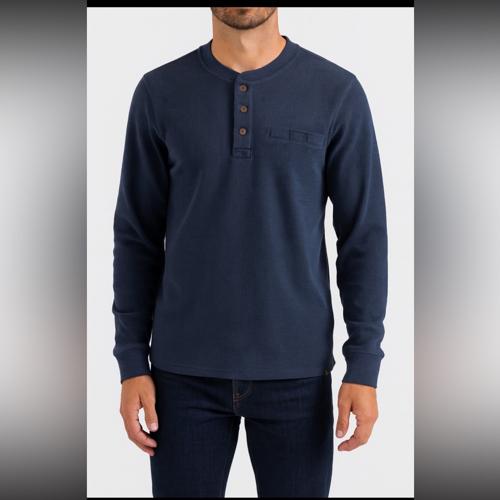 L.L.Bean Katahdin Iron Works Bonded Waffle Fleece Henley Pullover Blue Small